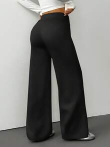 SHEIN PETITE 女士纯色翻折腰阔腿宽松休闲裤运动裤，秋冬季百搭家居服 - 黑色 - 查看 2