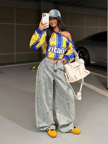 StreetHx Women's Fashion Casual Retro Street Style Deconstructed Low Waist Wide Leg Jeans - Medium Wash - View 1