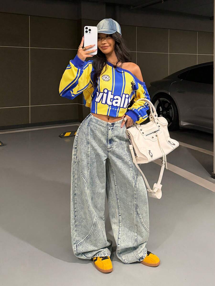 StreetHx Women's Fashion Casual Retro Street Style Deconstructed Low Waist Wide Leg Jeans - Medium Wash - View 1