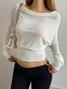 DAZY T-shirt court décontracté et élégant à manches longues, col carré et taille cintrée pour femmes, style Y2K - Blanc - Voir 5