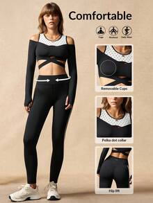 VARSIVA Ensemble de sport femme avec Top court à épaules dénudées et croisé avec imprimé à pois contrastés et leggings - Noir et Blanc - Voir 10