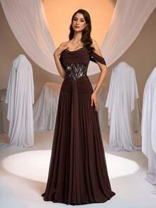 Aureia Váy lưới co giãn màu cà phê thanh lịch, lãng mạn, thời trang, trang trọng với họa tiết kim sa, họa tiết xương cá, dáng chữ A, phù hợp cho các bữa tiệc sang trọng, trang phục khách dự tiệc cưới, váy màu cà phê, váy dạ hội trang trọng thời trang và duyên dáng cho khách dự tiệc cưới, váy dạ hội trang trọng - Cà phê nâu - Xem 8