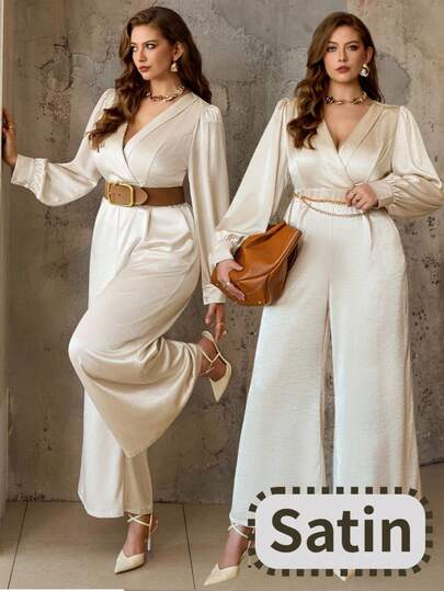 Roveilla Mono de mujer talla grande con cuello en V de satén, fruncido, cruzado por delante, cintura elástica. Elegante, estilo francés romántico, vintage, minimalista y versátil. Adecuado para Halloween, Navidad, Acción de Gracias, té de la tarde, Año Nuevo, otoño/invierno