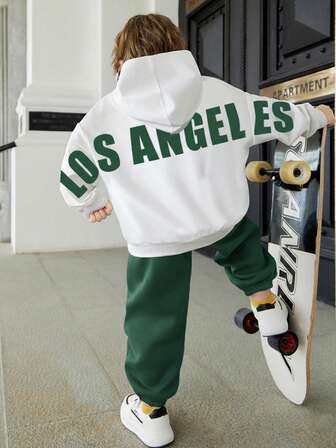 Tween Boy Casual And Comfortable Letter Print Hooded Sweatshirt With Solid Color Trousers, Suitable For Autumn And Winter, School