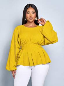 SOLERSUN 女士大码时尚纯色宽松休闲外出深褶蝙蝠袖长袖衬衫，宽松休闲上衣，露脐系带露背上衣，女士纯色圆领系带长袖衬衫，秋冬女装 - 芥末黃 - 查看 6