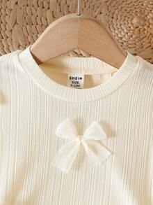 SHEIN 2pcs Baby Girls Apricot Knit Short Sleeve Top Decorated With Multiple White Bows, Paired With Matching Mesh Skirt, Sweet & Cute Overall Style, Simple & Fashionable, Versatile For Comfortable Summer Outings