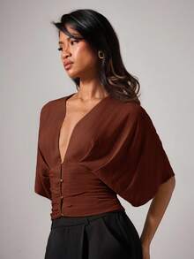 COSMINA Blusa elegante de mujer con mangas de murciélago, fruncida y con botones metálicos en escote en V - Rojo - Ver 4