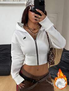 Coolane 女士秋冬街头服饰简约基本款日常休闲运动休闲返校节图案刺绣白色连帽短款羊毛运动衫 - 白色 - 查看 1