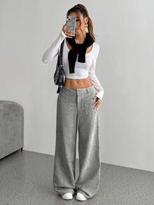 SHEIN Unity Quần ống đứng đơn sắc có túi lót lông cừu cho mùa đông - Xám - Xem 4