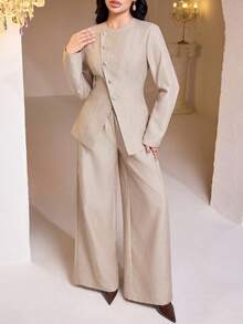 Veilorie Bộ 2 món áo dài tay cổ tròn, cài nút đơn, viền bất đối xứng và quần ống rộng cạp chun thoải mái cho nữ - Màu Khaki - Xem 1