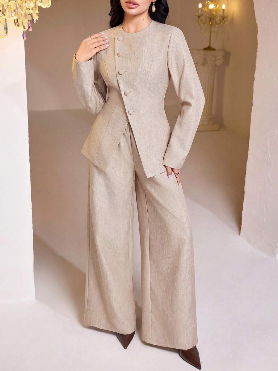 Veilorie Bộ 2 món áo dài tay cổ tròn, cài nút đơn, viền bất đối xứng và quần ống rộng cạp chun thoải mái cho nữ - Màu Khaki - Xem 1