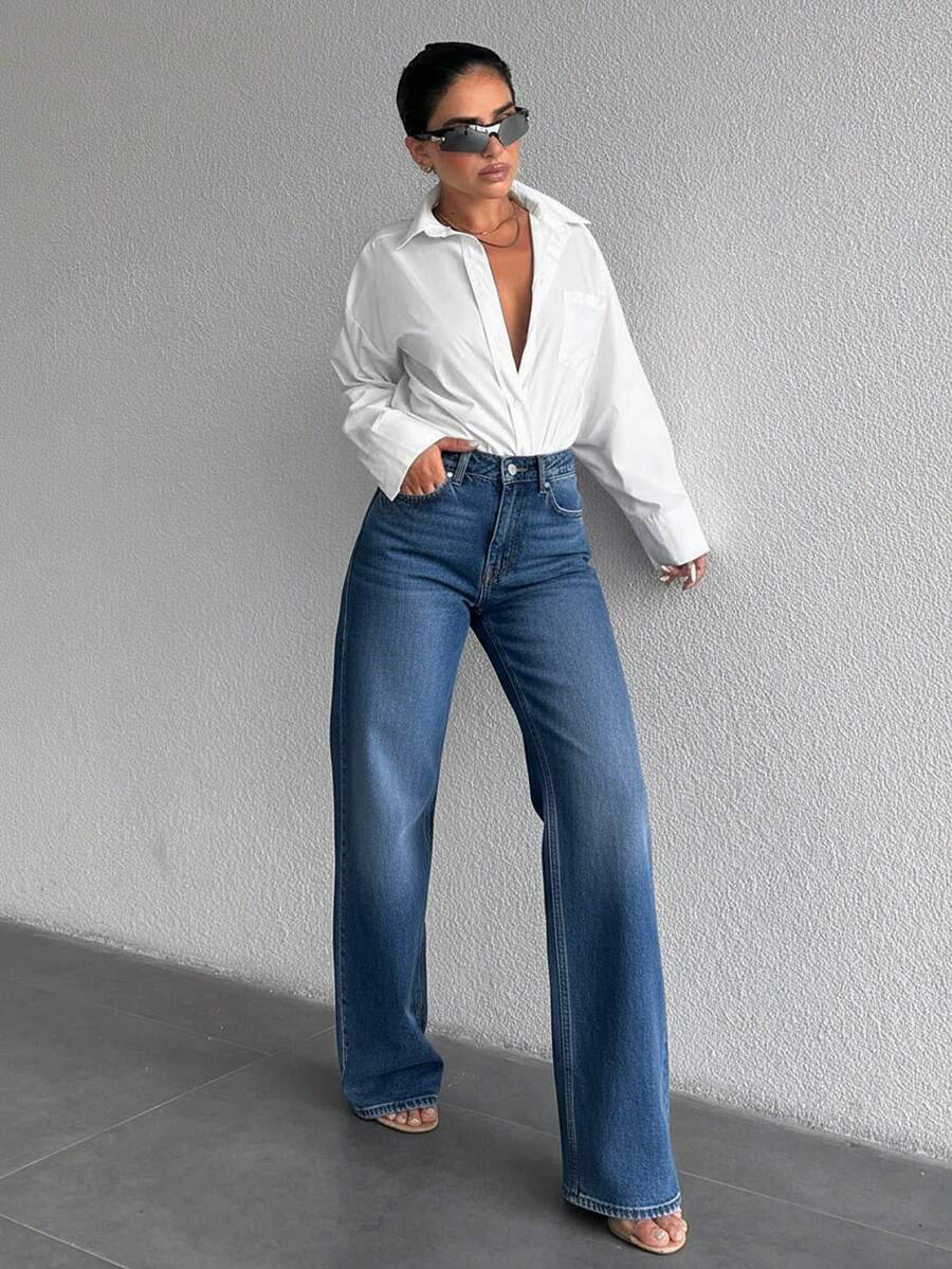 100% Cotton Solid Color Slant Pocket Cotton Solid Straight Leg Jeans - Blue - View 1