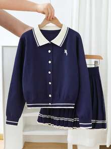 Sparklyn Teen GirlSweater Set, Long Sleeve Cardigan With Collar And Striped Mini Skirt, Black & White, Suitable For Spring, Autumn, Autumn/Winter Navy Blue Uniform School Outfit Pleated Skirt Set Girl School Uniform School Uniform Dress Navy Blue School Uniform Girl Preppy Uniform Pleated School Uniform Girl Preppy School Dress Girl School Outfit - Royal Blue - View 8