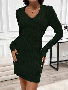 EMERY ROSE Collared Knit Long Sleeve Comfortable Sweater Dress - Dark Green - View 7