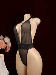 SHEIN Bộ đồ liền thân lưới mỏng phối ren đen khi đi chơi - màu đen - Xem 4
