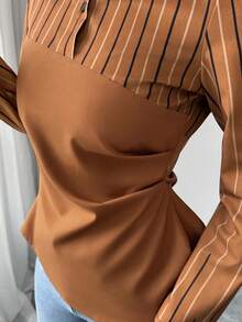 SHEIN Raffinéa Camisa de mujer con diseño de botones con cuello, de estilo de parche a rayas, irregular, con cintura ceñida para estilizar, de manga larga, elegante, casual, cómoda, de trabajo, vintage, de uso diario, para primavera/otoño/invierno - Caqui - Ver 6