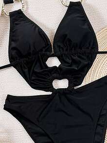 Swim SXY-D Solid Deep V Neck Tie Strap Backless Cutout Sexy Beach Monokini Swimsuit For Women, Spring/Summer - Black - View 4