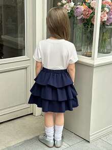 2件套女童夏季新款2025圆领短袖上衣，饰有水钻3D蝴蝶结，搭配泡泡裙，藏蓝色，可爱、优雅、时尚、百搭、复古返校套装 - 彩色 - 查看 2