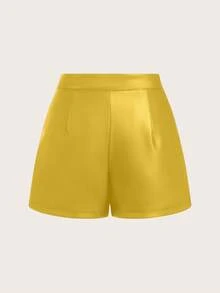 Franclia Women's Casual Fashion Street Chic Solid Color PU Leather Overlap Waist Fold Pleated Shorts - Mustard Yellow - View 3