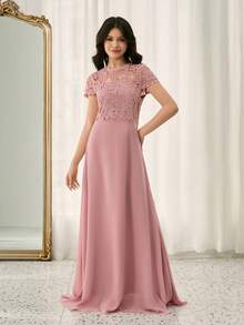 رمضان فستان شيفون مزخرف بالدانتيل الأنيق والمنسدل للمراهقات، مناسب للحفلات والأعراس والمناسبات الخاصة كعيد الميلاد والكريسماس - وردي - مشاهدة 3