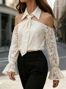 Balvessa Bluzka damska z koronką odsłaniającą ramiona i wiązaniem przy szyi, z długim rękawem - Morela - Zobacz 3