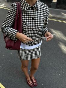 Siren Gaze Damski, kratkowany, jednorzędowy żakiet z długim rękawem i mini spódniczką, swobodny, 2-częściowy komplet - Czarne i Białe - Zobacz 2