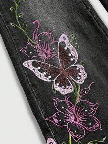 ROMWE Fairycore Quần jeans ống loe thêu họa tiết bướm gợi cảm phong cách Y2K cổ điển dành cho nữ - màu đen - Xem 2