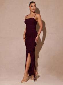 Silquee Elegant Sage Green Romantic Ruffle Sleeve High Slit Dress, Lace Bodycon Party Dress For Women, Suitable For Valentine's Day, Date, Wedding, Prom - Maroon - View 7