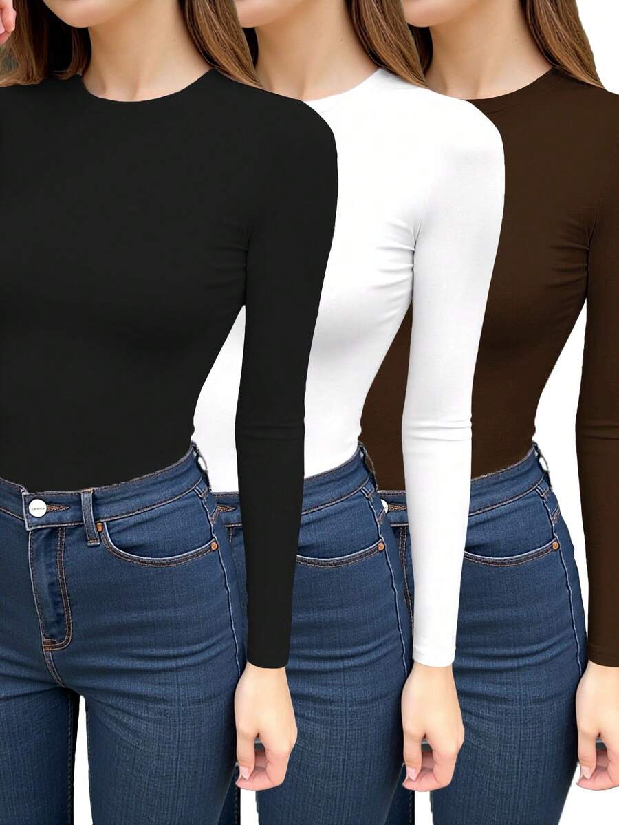 INAWLY 3pcs Women's Solid Color Fitted Long Sleeve Crew Neck T-Shirts - Multicolor - View 1