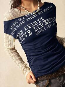 Bohemela Women's Casual Navy Blue Knitted Fabric Top Asymmetrical Neck Letter Pattern Long Sleeve Ruched Regular Length For Everyday Wear - Navy Blue - View 5