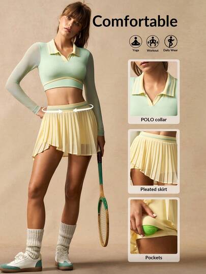 VARSIVA Women's Light Green Color-Blocked Polo Collar Mesh Long-Sleeved Short Top And Yellow Color-Blocked Pullover Pleated Skirt With Built-In Jumpsuit Shorts To Prevent Wardrobe Malfunctions, Tennis-Style Sportswear Set.