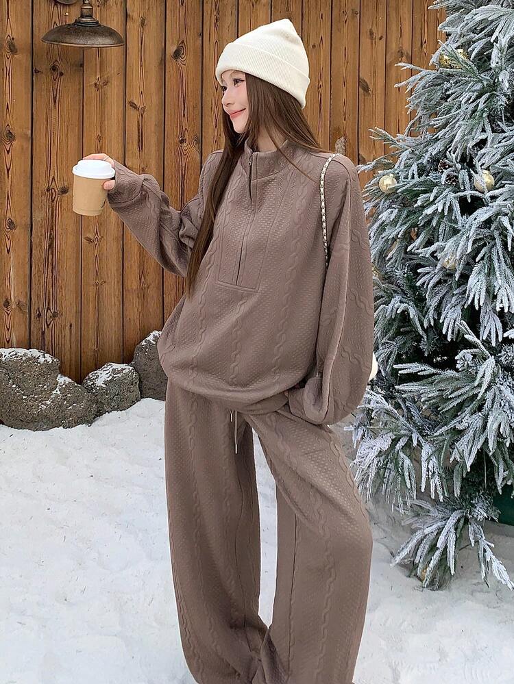 Women's Solid Color Minimalist Crew Neck Long Sleeve Top And Pants 2-Piece Set Lounge Sets For Women