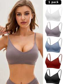 SHEIN 女士實色肋紋內衣胸罩（5件裝） - 彩色 - 查看 4