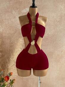 Soleia 新款休闲度假西部海滩婚礼宾客着装毕业早午餐女士服装圣帕特里克节春假复活节音乐节优雅波西米亚热带浪漫情人节圣诞节性感露背吊带酒红色金属镂空连体裤 - 酒紅色 - 查看 4