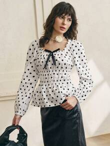 Cévolie Vintage Polka Dot Square Collar Bow Tie Waist Lantern Sleeve Blouse - Black and White - View 4
