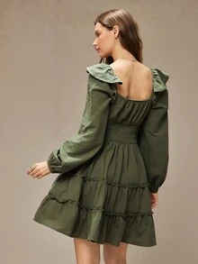 WESTFADE 100% Cotton Square Neck Button Front Tiered Ruffle Fit & Flare Mini Dress Winter, Boho, Western Wear, Holiday, Christmas, NYE, New Year, Nashville Cowgirl, Casual, Cute - Army Green - View 3