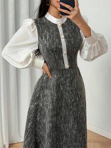 Modelyn Women's Grey Textured Tweed Long Sleeve Button-Down Waist A-Line Elegant Dress - Grey - View 5