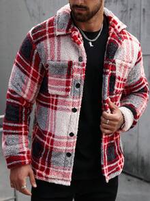 Manfinity CasualCool Chaqueta de forro polar con bolsillo de parche de patrón a cuadros casual para hombres, adecuada para el trabajo y el transporte, otoño/invierno - Multicolor - Ver 3