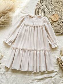 SHEIN Vintaside Kids Girls Elegant Princess Ruffled Collar, Bubble Long Sleeve Jacquard Embroidery Double Layered Sleeve, Ruffled Hem Loose Ladylike Princess Dress, Suitable For Vacation, Travel, Party Gifts, Spring And Autumn - Apricot - View 2