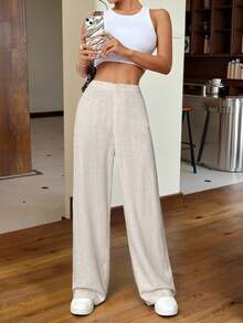 SHEIN EZwear 女士亚麻夏日休闲杏色编织直筒裤