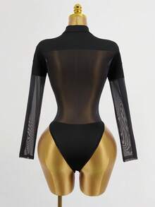 Mistrie Fashionable Sexy Sheer Fitted Long Sleeve Bodysuit