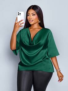 SOLERSUN Christmas Plus Size Women's Fashionable Solid Color Elegant Mock Neck Stylish And Sophisticated Batwing Sleeve Blouse Summer - Dark Green - View 5