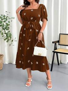 EMERY ROSE 大码女式碎花方领松紧腰泡泡袖连衣裙 - 棕色 - 查看 5