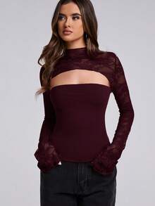 SHEIN BAE 女士纯色蕾丝拼接立领镂空长袖衬衫 - 紫紅色 - 查看 3