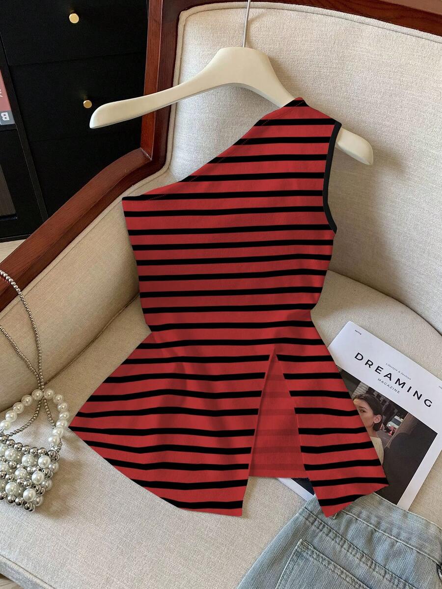 GlowEve 条纹印花不对称领休闲背心 - 彩色 - 查看 1