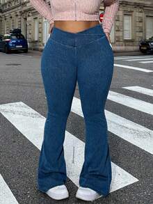 Dripcurv 大码女式蓝色弹力针织牛仔裤，四季皆宜的喇叭牛仔裤，新年服装