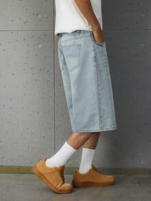 Teen Boys Wide Leg Denim Shorts, Vintage Light Blue Denim Single Piece, Spring/Summer New Arrival, Streetwear Campus Style, Outdoor Casual Fashion, Washed Comfortable Cotton Fabric, Versatile Minimalist Fashion Design, Distressed Ripped Loose Fit, Elastic Waistband, Campus Daily Party Outfit, Wardrobe Essential, Vacation Travel School Commute, New Arrival - Light Wash - View 8