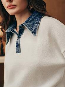 Anewsta 女士休闲优雅落肩长袖高领毛衣 - 白色 - 查看 2