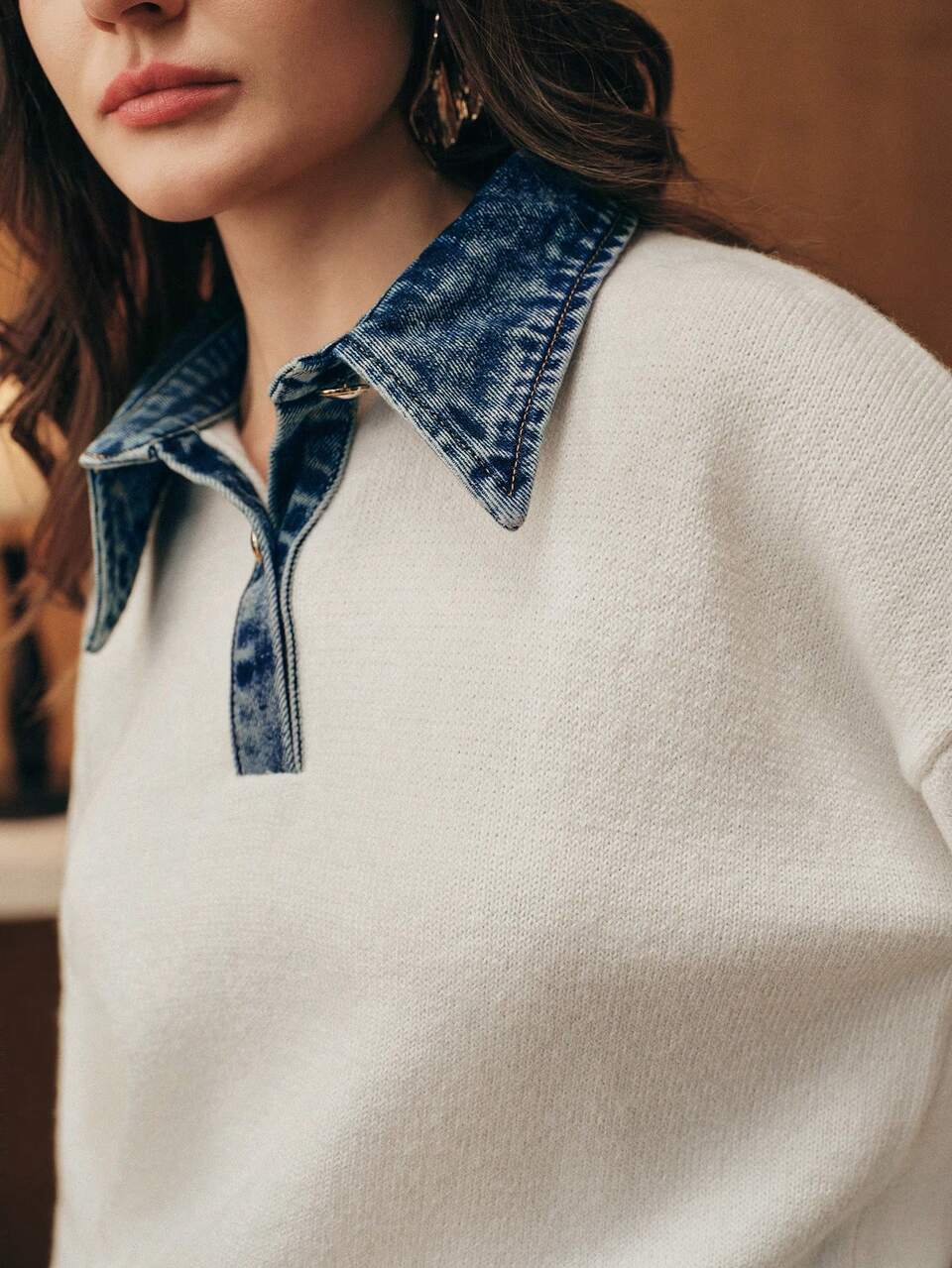 Suéter de cuello de polo de manga larga con hombros caídos, elegante y casual para mujer