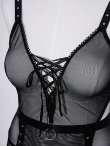 SHEIN Bộ đồ lót gợi cảm 4 món cỡ lớn với thiết kế lưới mỏng, buộc dây và nịt eo - màu đen - Xem 6